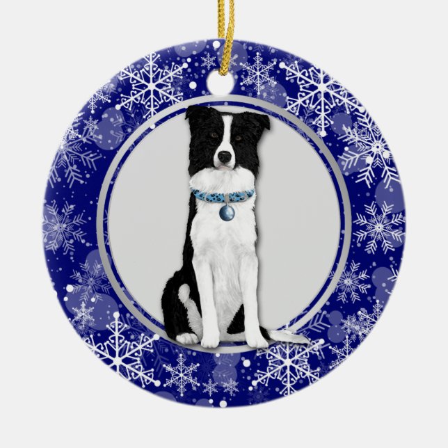 Blue White Snowflake Border Collie Christmas Ceramic Ornament (Front)