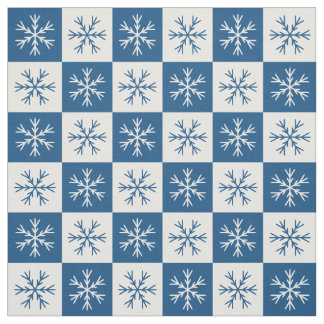 Blue White Snowflake Checkered Pattern Fabric
