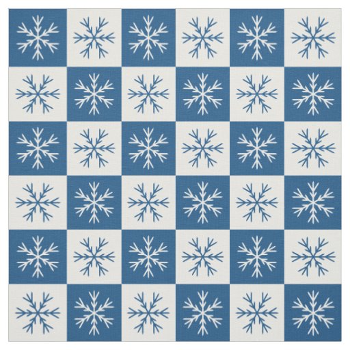 Blue White Snowflake Checkered Pattern Fabric