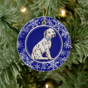 Blue White Snowflake Dalmatian Puppy Ceramic Ornament