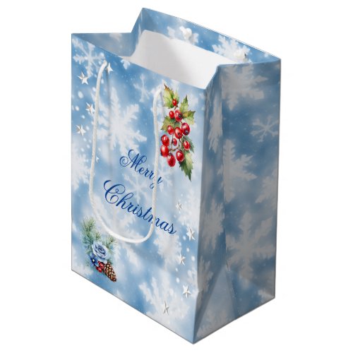 Blue White Snowflake Holly Berries Merry Christmas Medium Gift Bag