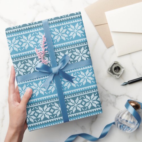 Blue White Snowflake Knit Sweater Pattern  Winter Wrapping Paper