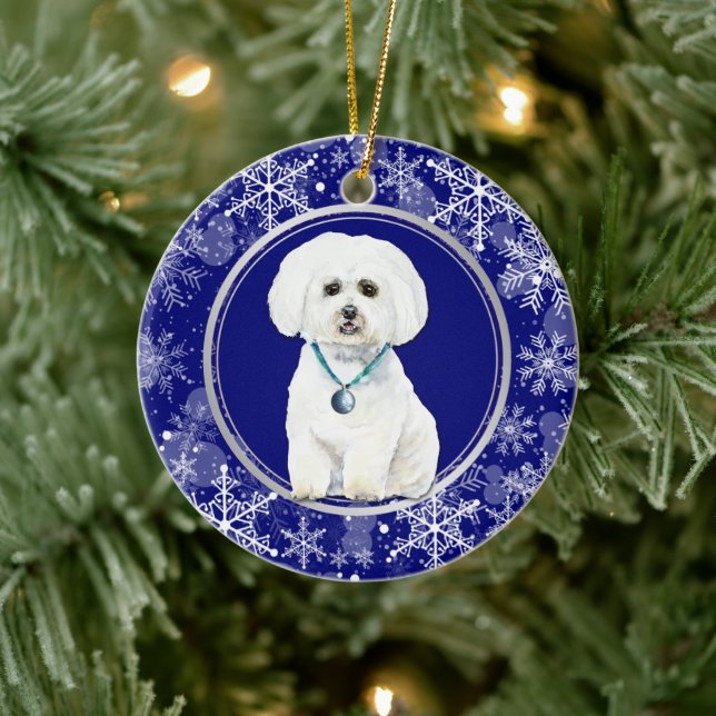 Blue White Snowflake Maltese Dog Christmas Ceramic Ornament (Tree)