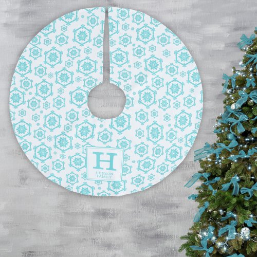 Blue White Snowflake Pattern Family Monogram Brushed Polyester Tree Skirt