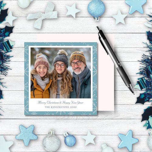 Blue  White Snowflake Square Holiday Photo Card