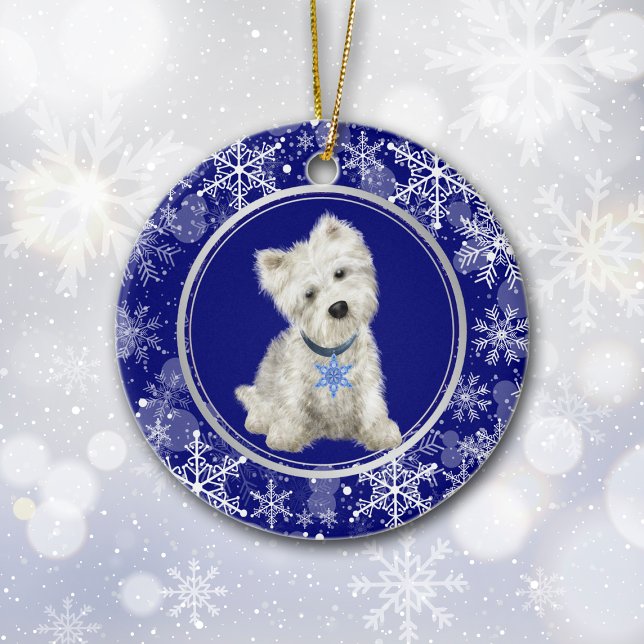 Blue White Snowflake Westie Christmas Ceramic Ornament (Creator Uploaded)