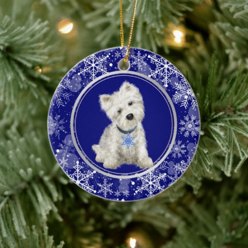 Blue White Snowflake Westie Christmas Ceramic Ornament