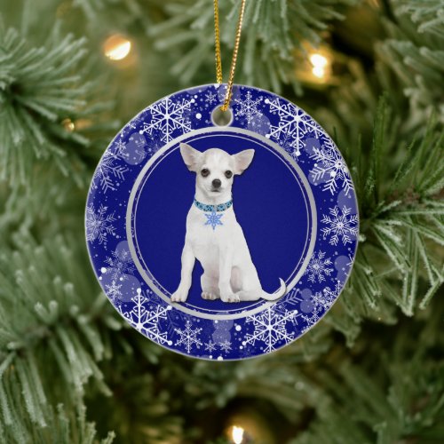 Blue White Snowflake White Chihuahua Ceramic Ornament