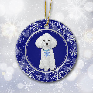 Blue White Snowflake White Poodle Christmas Ceramic Ornament
