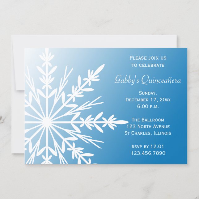 Blue White Snowflake Winter Quinceañera Invitation (Front)