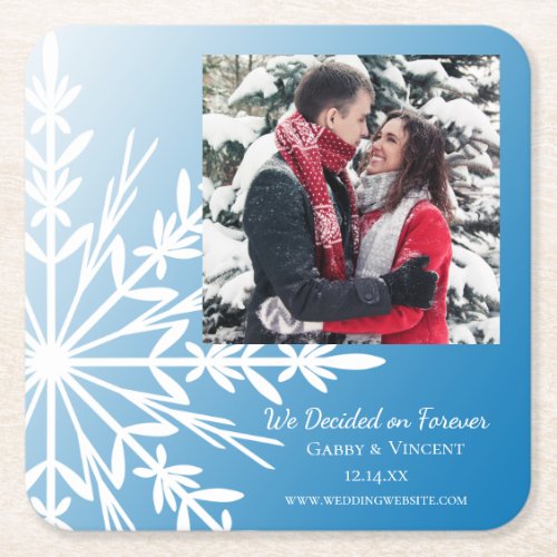 Blue White Snowflake Winter Wedding Save the Date Square Paper Coaster