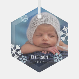 Blue White Snowflakes Baby Photo Add Name & Year Glass Ornament