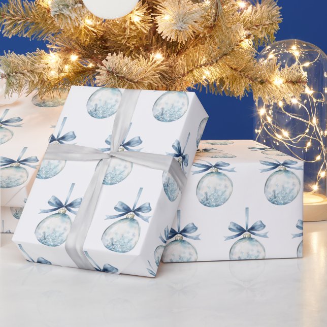 Blue White Snowflakes Bows Bulbs Christmas Wrapping Paper (Holidays)