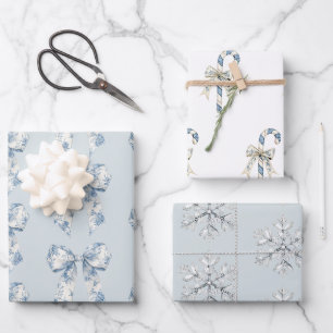 Blue White Snowflakes Bows Candy Canes Christmas Wrapping Paper Sheets