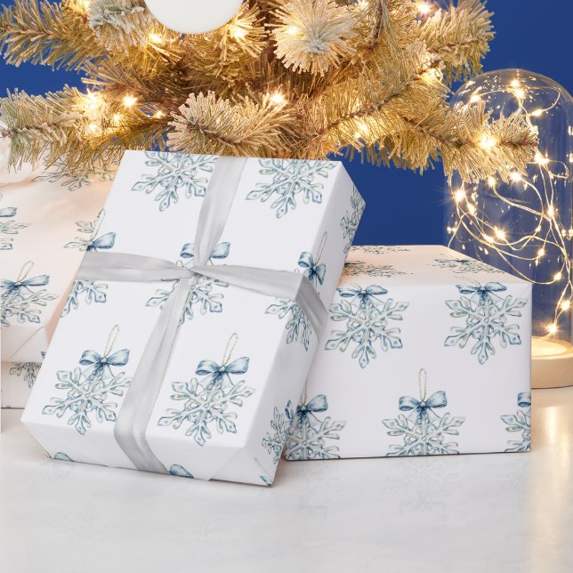 Blue White Snowflakes Bows Christmas Wrapping Paper (Holidays)