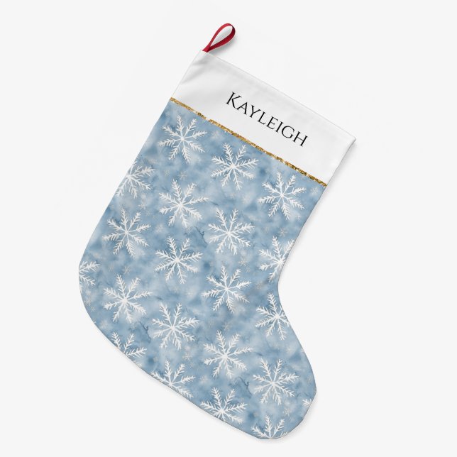 Blue White Snowflakes Christmas Gold Glitter Large Christmas Stocking (Front (Hanging))