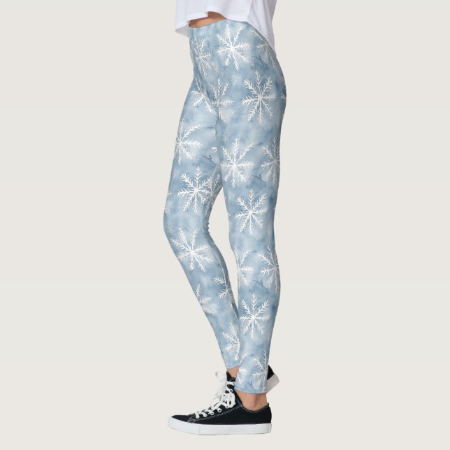 Blue White Snowflakes Christmas Leggings (Left)