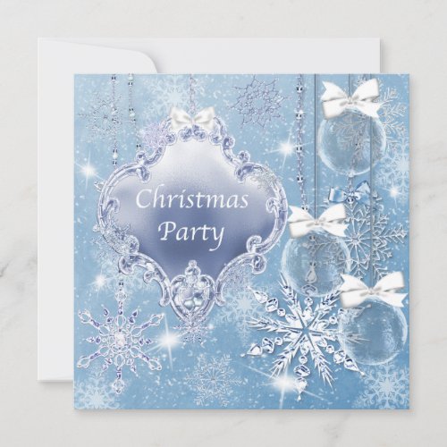 Blue White Snowflakes Christmas Party Invitation