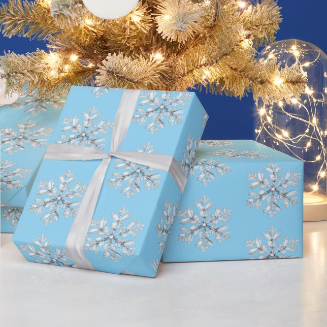Blue White Snowflakes Christmas Wrapping Paper (Holidays)
