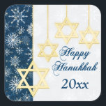 Blue, White Snowflakes Happy Hanukkah Sticker<br><div class="desc">This elegant and festive blue,  white and gold "Happy Hanukkah" sticker has glittering points of light,  snowflakes,  and four gold Stars of David ornaments on it that matches the Hanukkah invitation shown below. If you need assistance,  email niteowlstudio@gmail.com.</div>