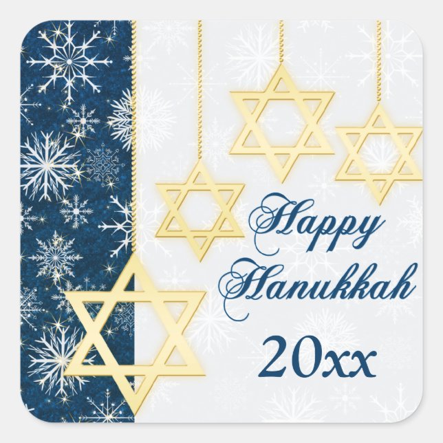 Blue, White Snowflakes Happy Hanukkah Sticker (Front)