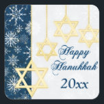 Blue, White Snowflakes Happy Hanukkah Sticker<br><div class="desc">This elegant and festive blue,  white and gold "Happy Hanukkah" sticker has glittering points of light,  snowflakes,  and four gold Stars of David ornaments on it that matches the Hanukkah invitation shown below. If you need assistance,  email niteowlstudio@gmail.com.</div>