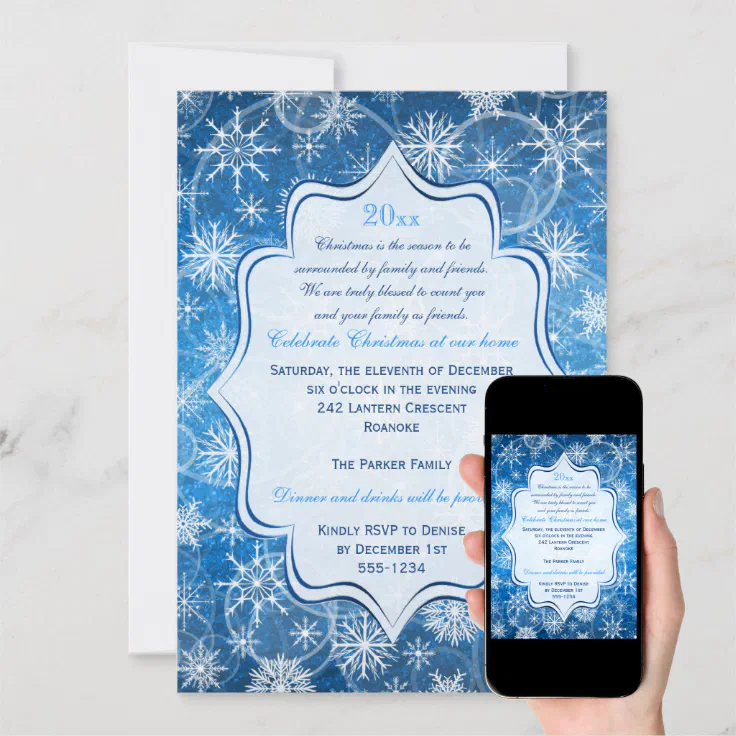 Blue, White Snowflakes Holiday Party Invitation | Zazzle