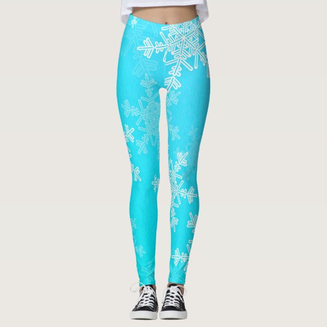 Blue White Snowflakes Minimalist Christmas Leggings (Front)