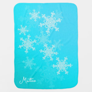 Blue White Snowflakes Minimalist Christmas Name Baby Blanket