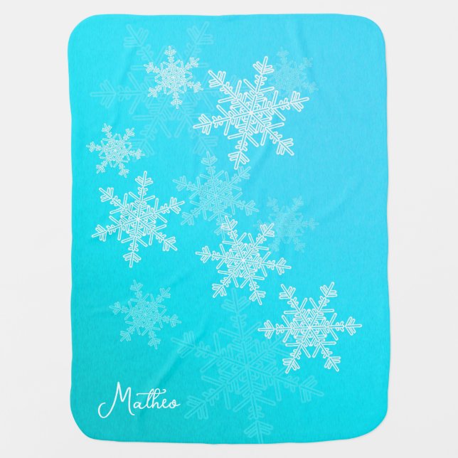 Blue White Snowflakes Minimalist Christmas Name Baby Blanket (Front)