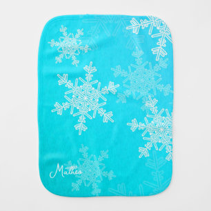 Blue White Snowflakes Minimalist Christmas Name Baby Burp Cloth