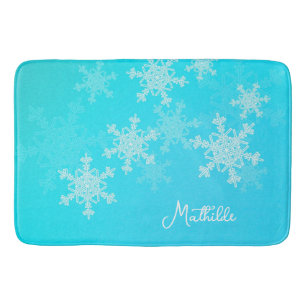 Blue White Snowflakes Minimalist Christmas Name Bath Mat
