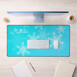 Blue White Snowflakes Minimalist Christmas Name Desk Mat