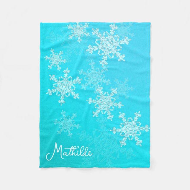 Blue White Snowflakes Minimalist Christmas Name Fleece Blanket (Front)