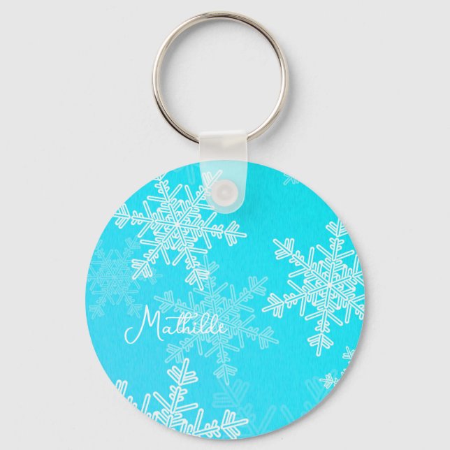 Blue White Snowflakes Minimalist Christmas Name Keychain (Front)
