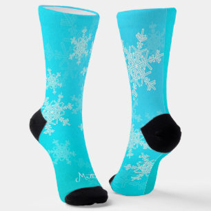 Blue White Snowflakes Minimalist Christmas Name Socks