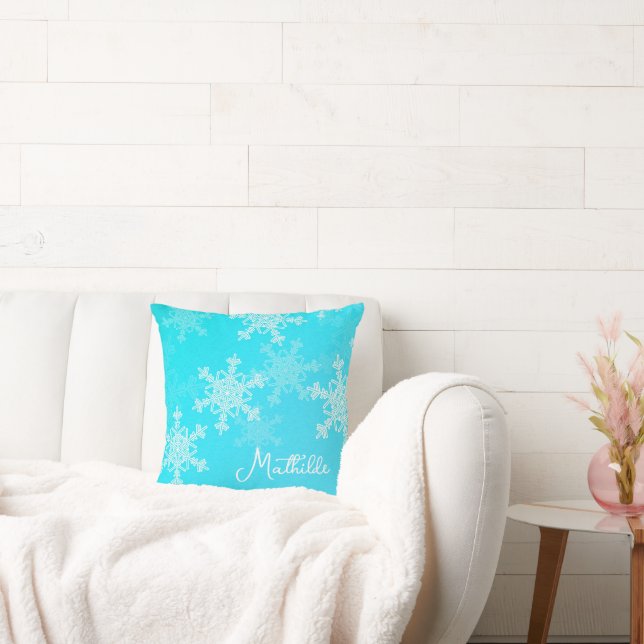Blue White Snowflakes Minimalist Christmas Name Throw Pillow (Couch)