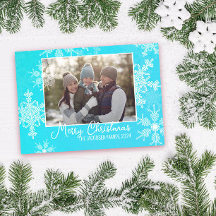 Blue White Snowflakes Minimalist Christmas Photo Holiday Card