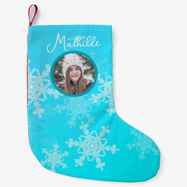 Blue White Snowflakes Minimalist Christmas Photo Small Christmas Stocking (Front)