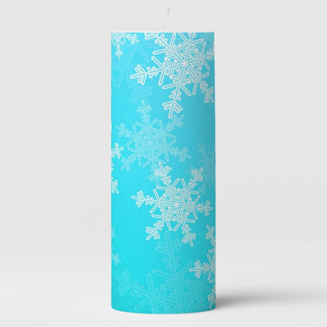 Blue White Snowflakes Minimalist Christmas Pillar Candle (Front)