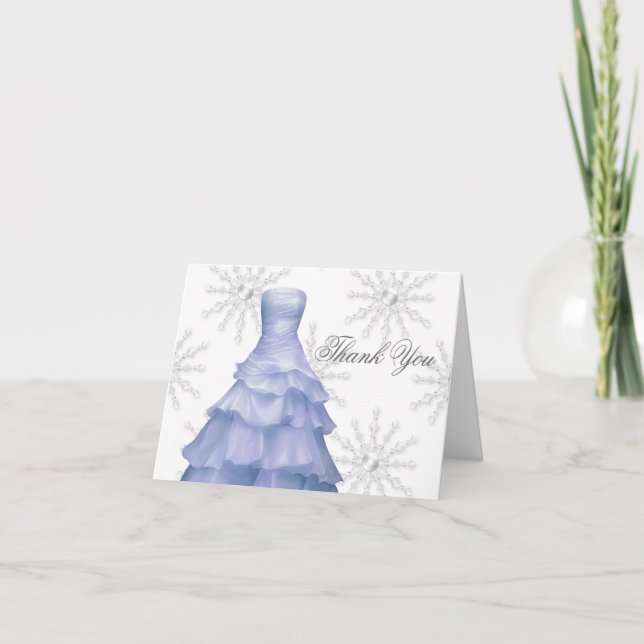 Blue White Snowflakes Quinceanera Thank You Cards (Front)
