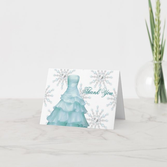 Blue White Snowflakes Quinceanera Thank You Cards (Front)
