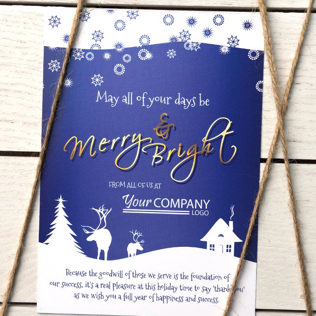 Blue, White Snowflakes & Reindeer, Company Logo Invitation (Blue White Logo, Royal Blue, Dark Blue Company Holiday Christmas Cards, Rustic Elk)