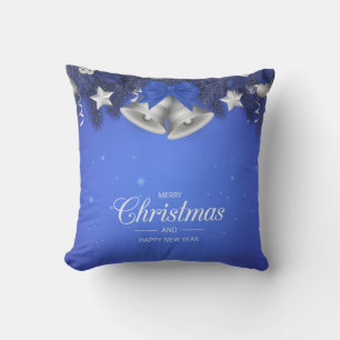 Blue & White Snowflakes Star Merry Christmas Bell Throw Pillow