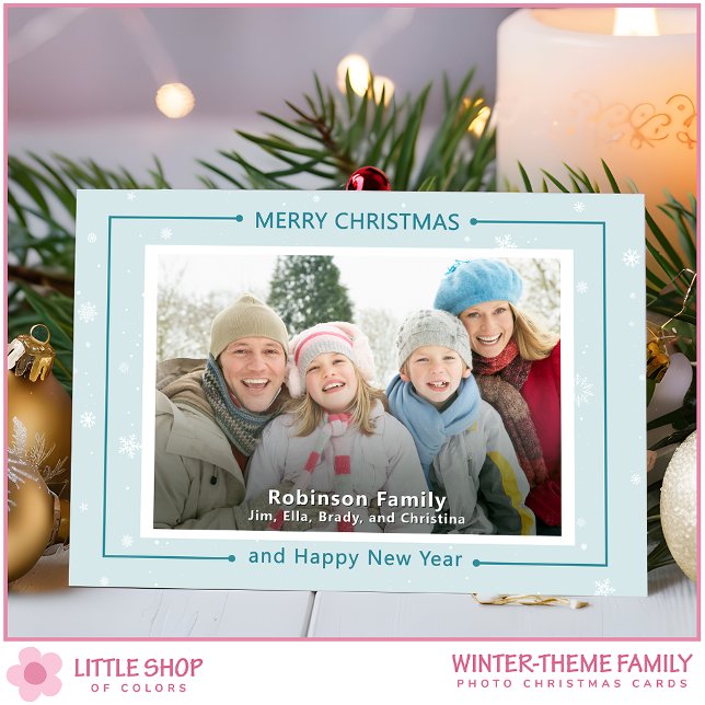 Blue White Snowflakes Winter Custom Photo Holiday Card (Creator Uploaded)