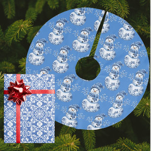 Blue White Snowman  Brushed Polyester Tree Skirt