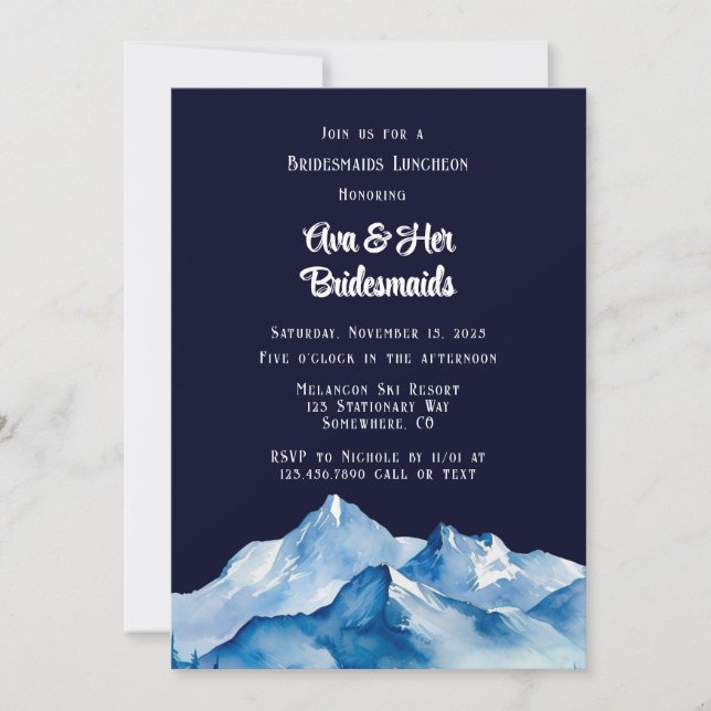 Blue White Snowy Mountains Bridesmaids Luncheon Invitation (Front)