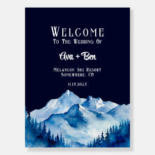 Blue White Snowy Mountains Wedding Welcome Sign