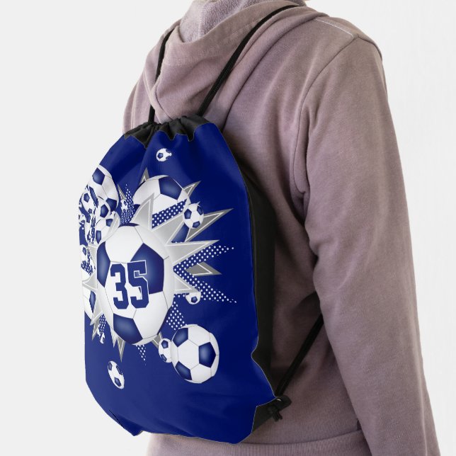 Blue white soccer ball blowout girls jersey number drawstring bag (Insitu)