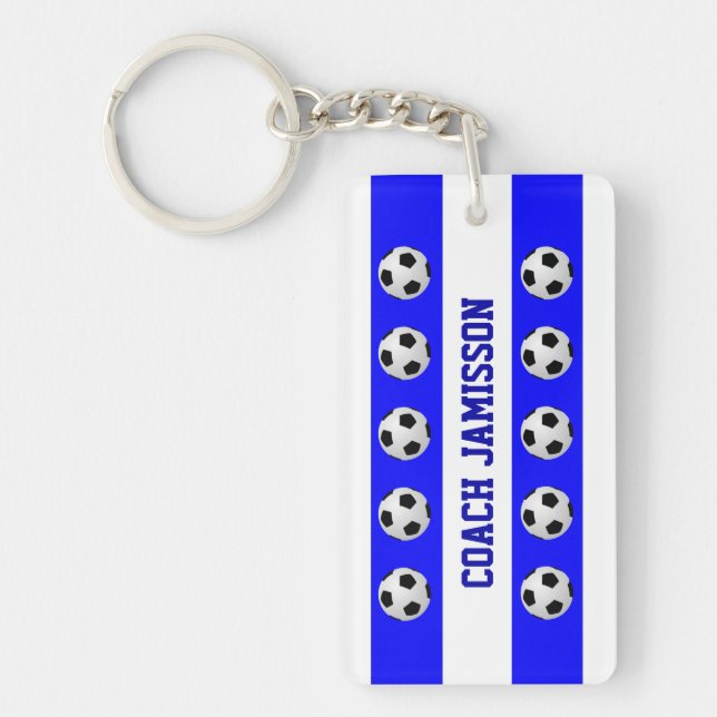 Blue & White, Soccer Ball, Coach, Player Name Keychain (Front)